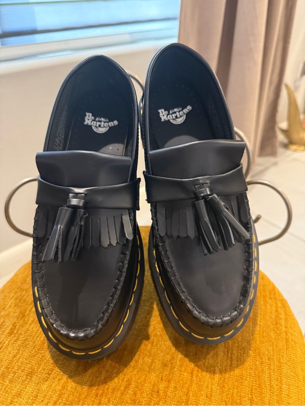Dr. Martens Black Tassel Kiltie Loafers with Yellow Stitching
